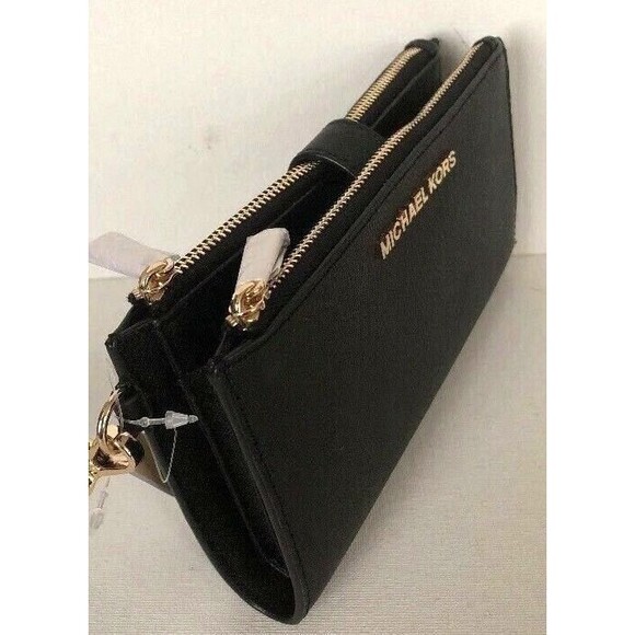 New Michael Kors Jet Set Travel Double zip wristlet Leather wallet Black / Gold - Picture 3 of 7